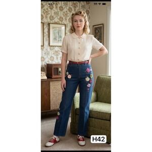 Vtg Very Vera Floral Embroidered Beaded Jeans Sz 8 Y2K Cottagecore Whimsigoth‎